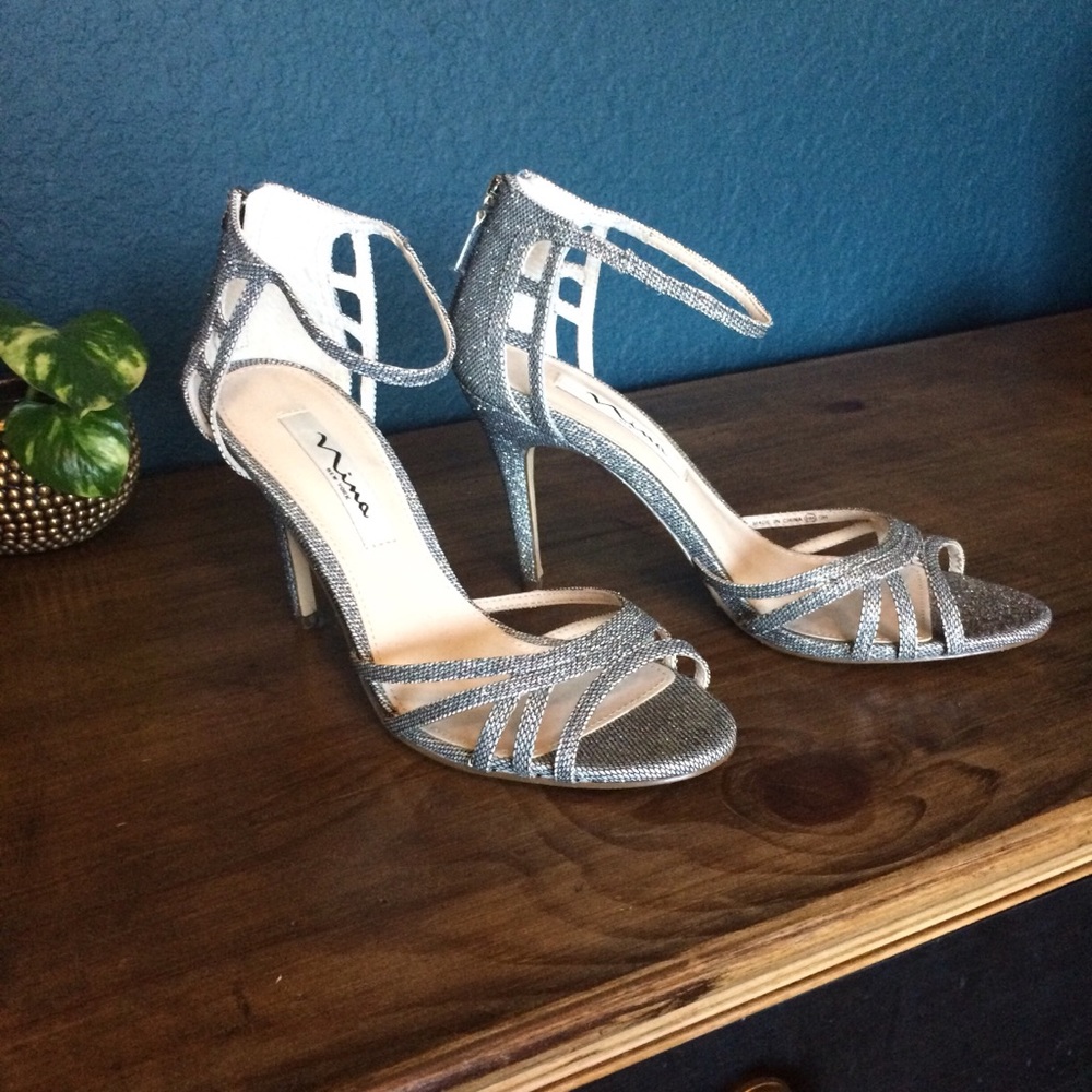 Nina Silver Metallic Heels Ankle Strap Sandals